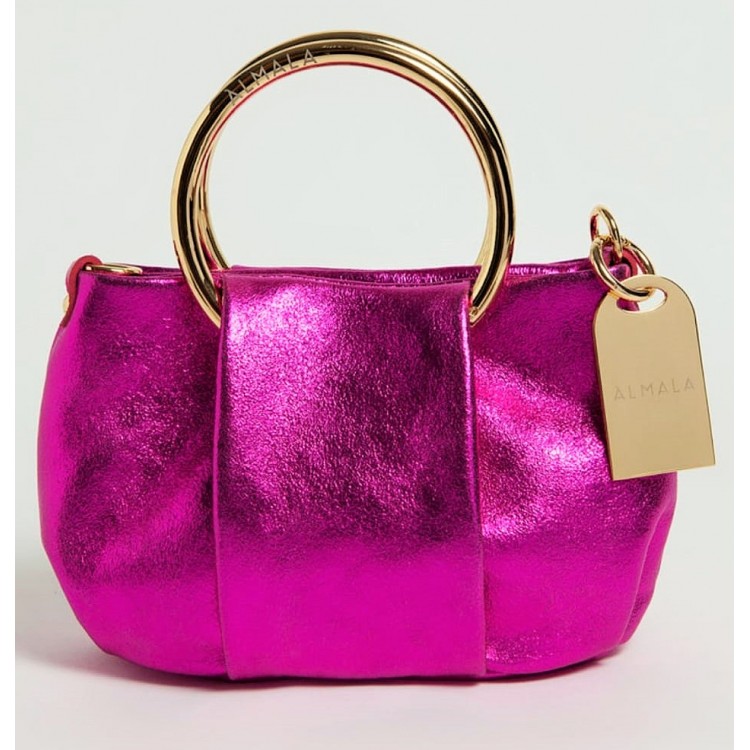 Almala Mini Lu Bags in Pelle di Camoscio Laminato Fuxia